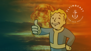 Imagem do vault boy de fallout em frente a uma explosão atômica